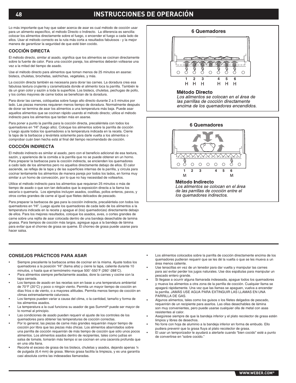 Instrucciones de operación, 6 quemadores | weber 89373 User Manual | Page 48 / 92