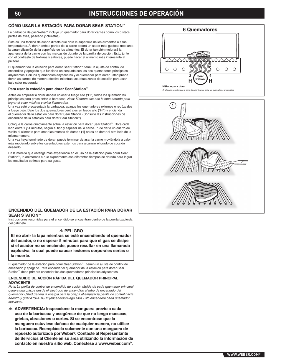 Instrucciones de operación, 6 quemadores, Cómo usar la estación para dorar sear station | weber 89373 User Manual | Page 50 / 92
