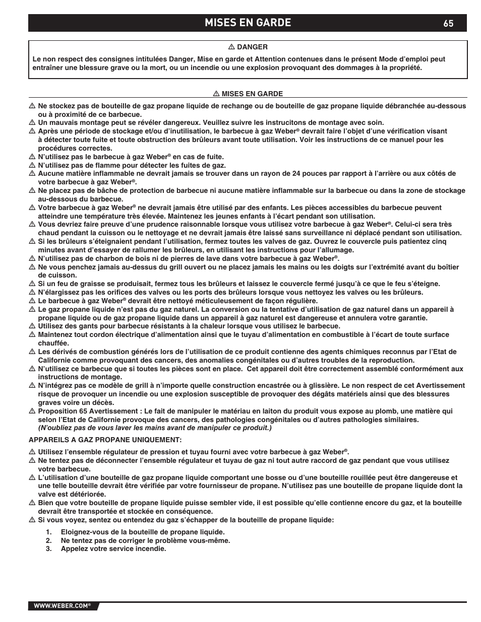 Dangers and warnings, Mises en garde | weber 89373 User Manual | Page 65 / 92