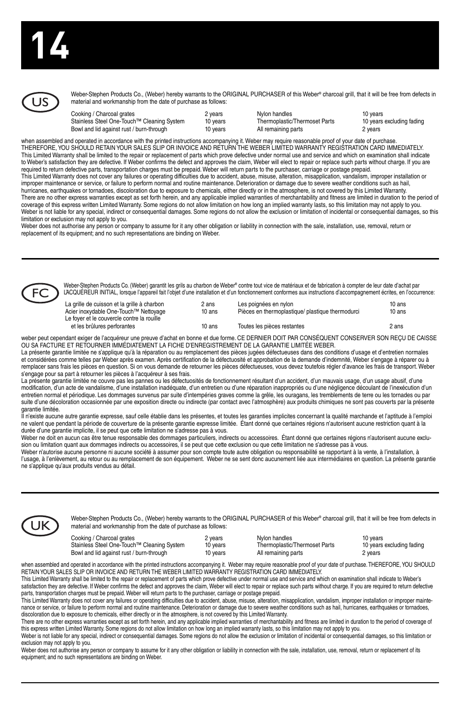 weber ONE-TOUCH GOLD 30821_091508 User Manual | Page 14 / 20