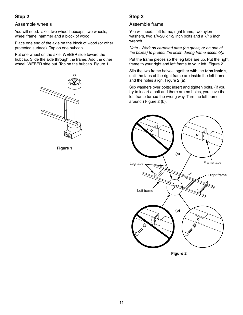 Assemble wheels, Assemble frame, Step 2 assemble wheels | Step 3 assemble frame | weber 5000 Series User Manual | Page 11 / 48