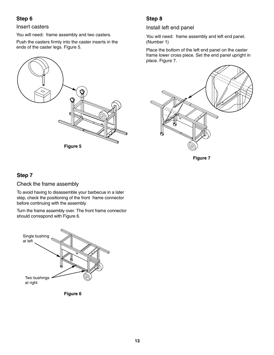 Insert casters, Check the frame assembly, Install left end panel | weber 5000 Series User Manual | Page 13 / 48