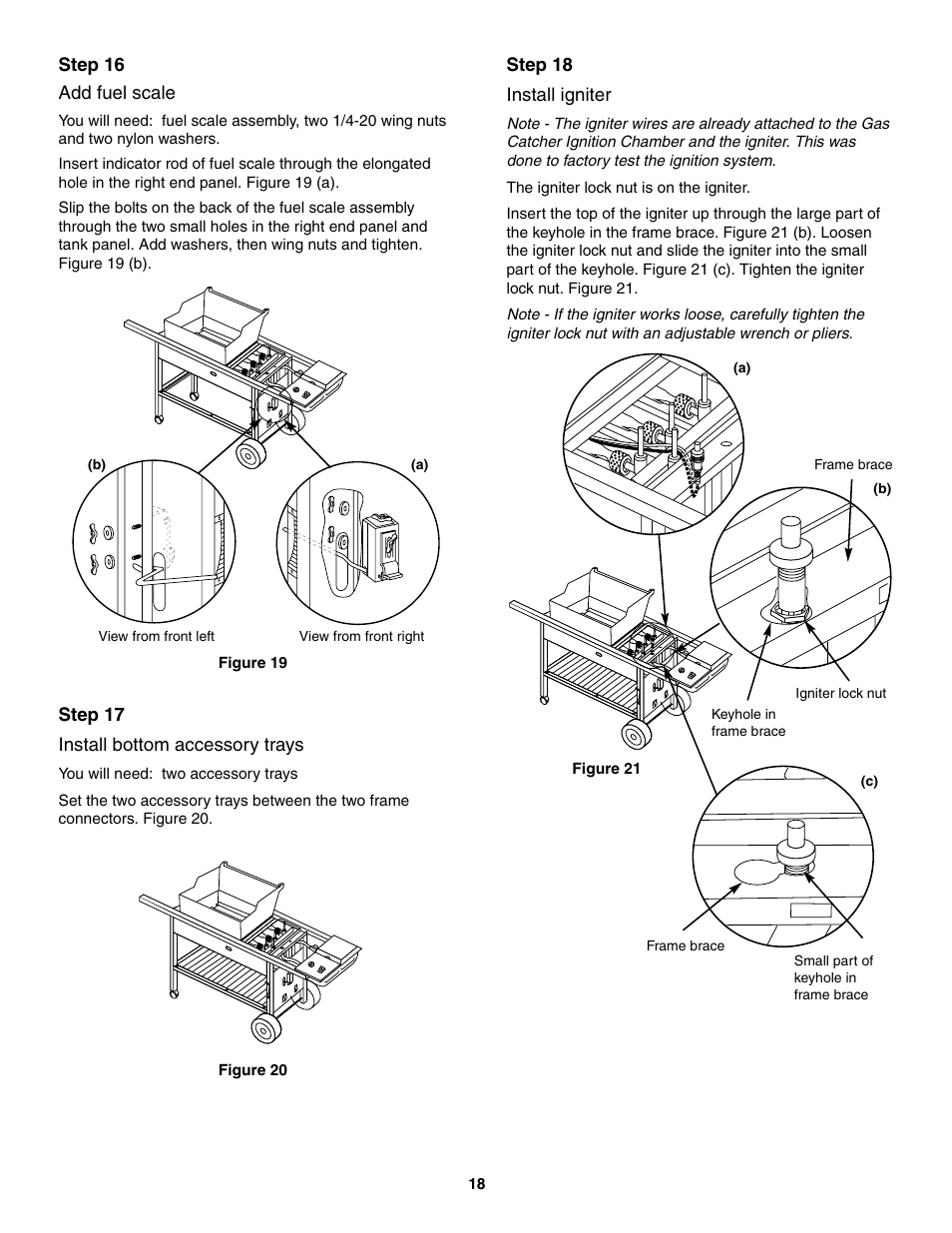 Add fuel scale, Install bottom accessory trays, Install igniter | Step 17 install bottom accessory trays, Step 16 add fuel scale, Step 18 install igniter | weber 5000 Series User Manual | Page 18 / 48