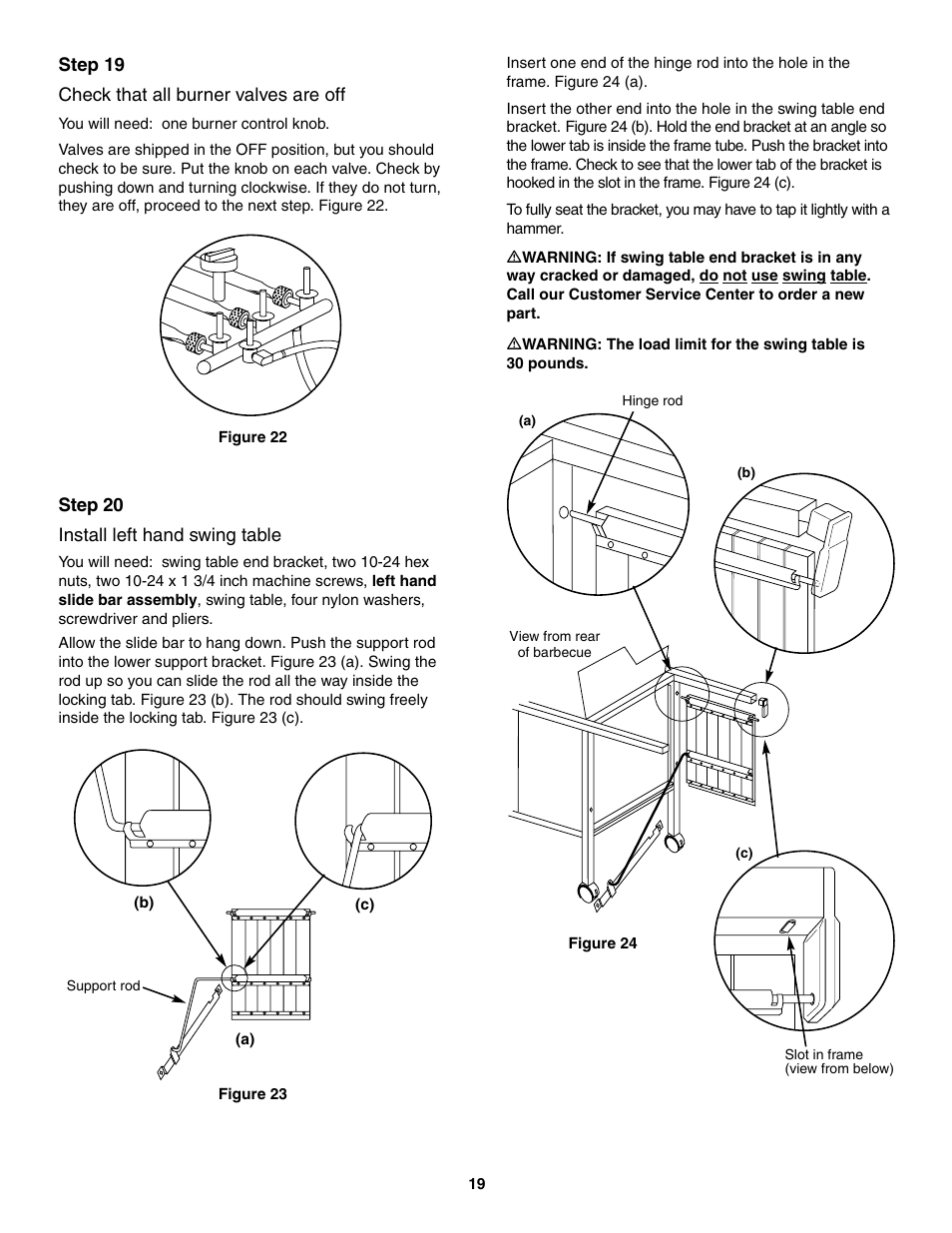 Check that all burner valves are off, Install left hand swing table | weber 5000 Series User Manual | Page 19 / 48
