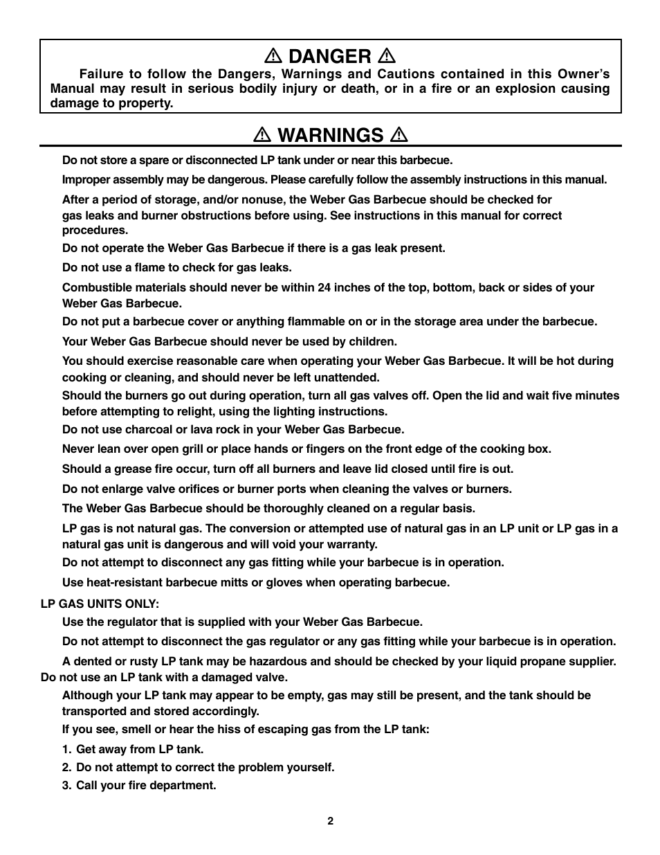 Danger, Warnings, Ƽ danger ƽ | Ƽ warnings ƽ | weber 5000 Series User Manual | Page 2 / 48
