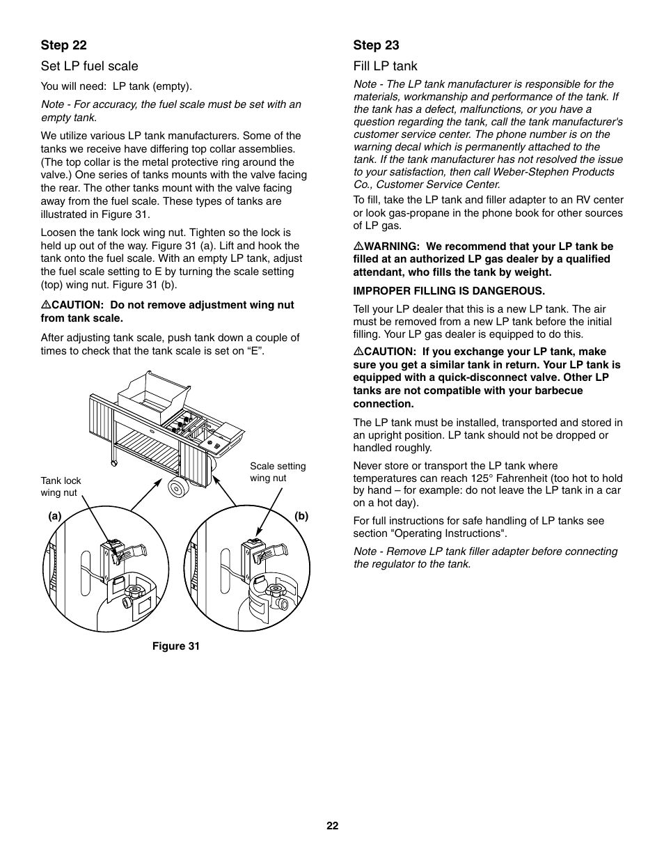 Set lp fuel scale, Fill lp tank, Step 23 fill lp tank | Step 22 set lp fuel scale | weber 5000 Series User Manual | Page 22 / 48