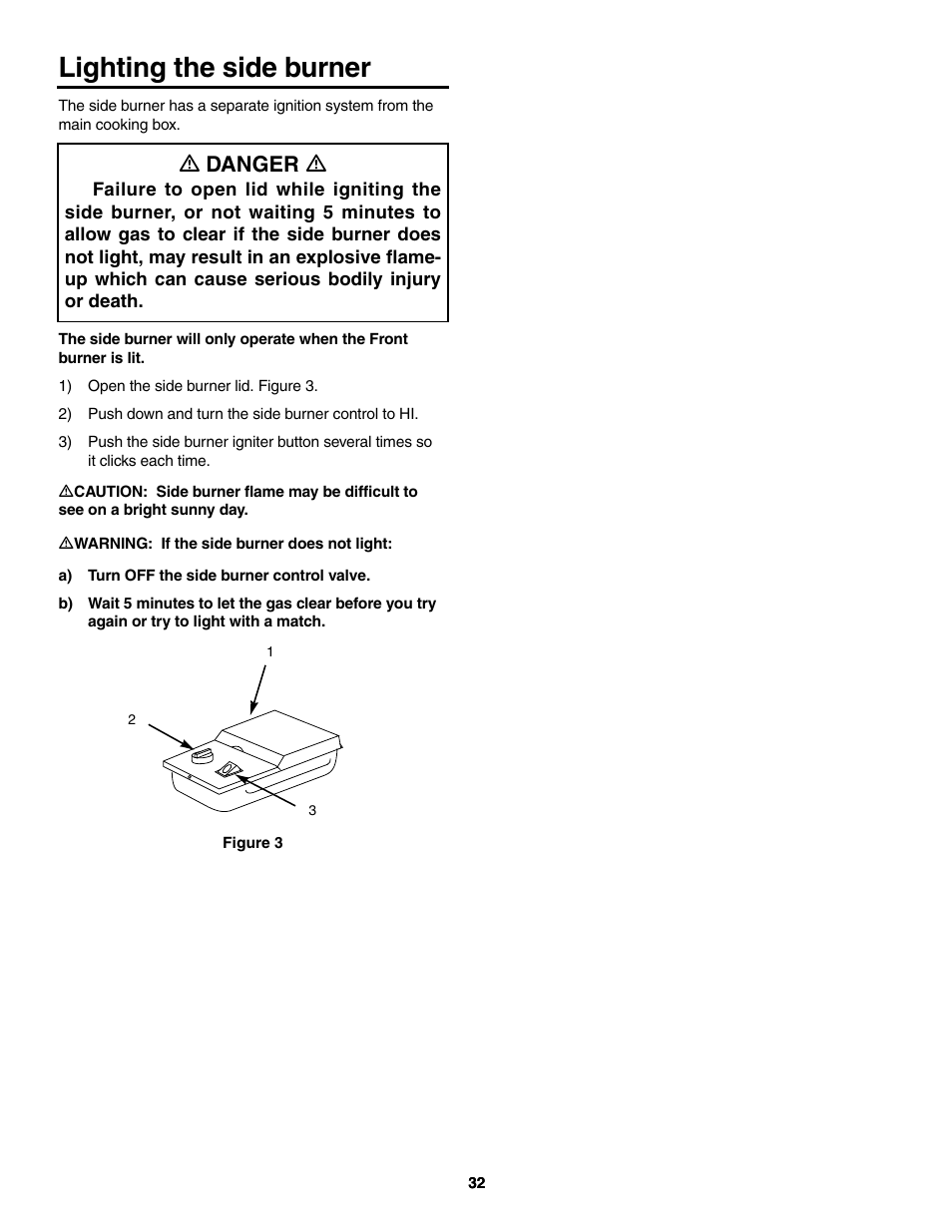 Lighting the side burner, Ƽ danger ƽ | weber 5000 Series User Manual | Page 32 / 48
