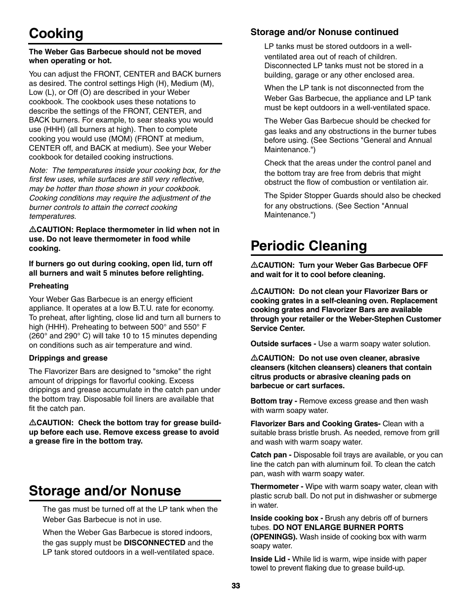 Cooking, Storage and/or nonuse, Periodic cleaning | weber 5000 Series User Manual | Page 33 / 48