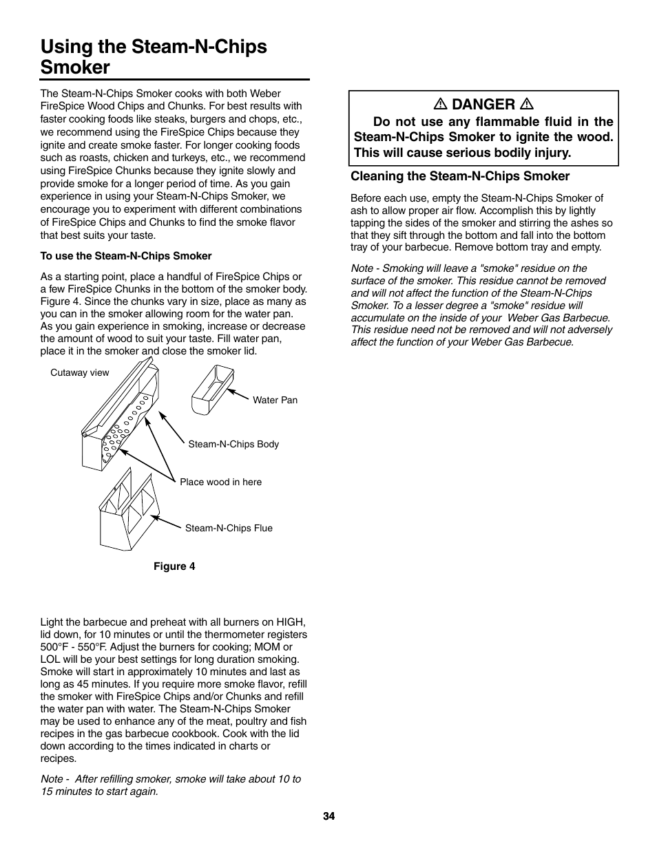 Using the steam-n-chips smoker, To use the steam-n-chips smoker, Cleaning the steam-n-chips smoker | Ƽ danger ƽ | weber 5000 Series User Manual | Page 34 / 48