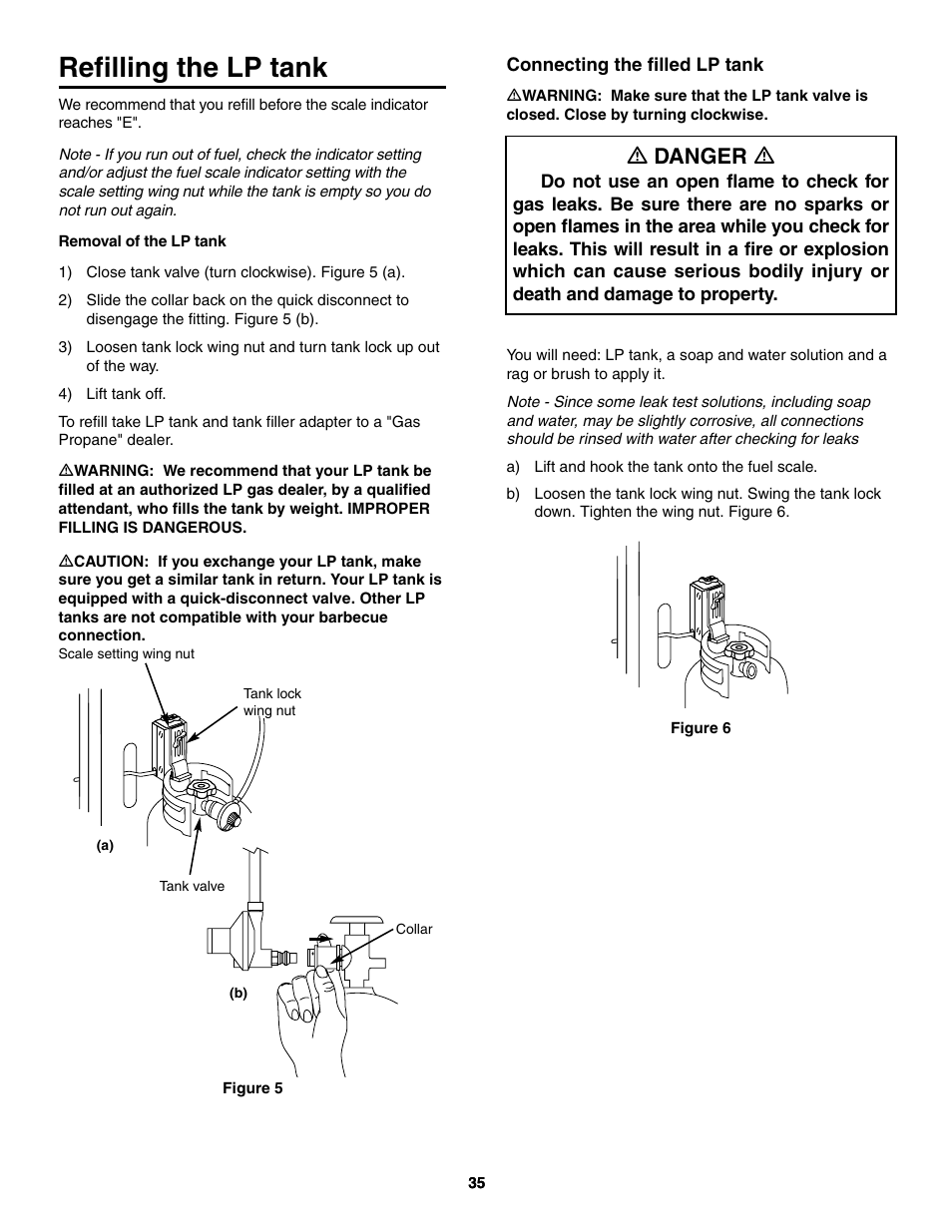 Refilling the lp tank, Removal of the lp tank, Connecting the filled lp tank | Ƽ danger ƽ | weber 5000 Series User Manual | Page 35 / 48