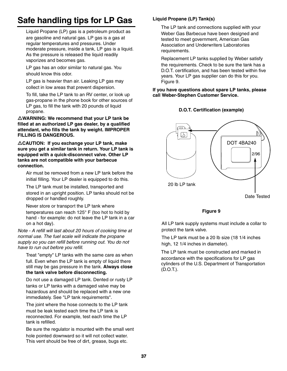 Safe handling tips for lp gas | weber 5000 Series User Manual | Page 37 / 48