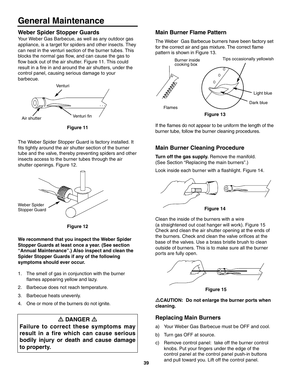 General maintenance, Weber spider stopper guards, Main burner flame pattern | Main burner cleaning procedure, Replacing main burners | weber 5000 Series User Manual | Page 39 / 48