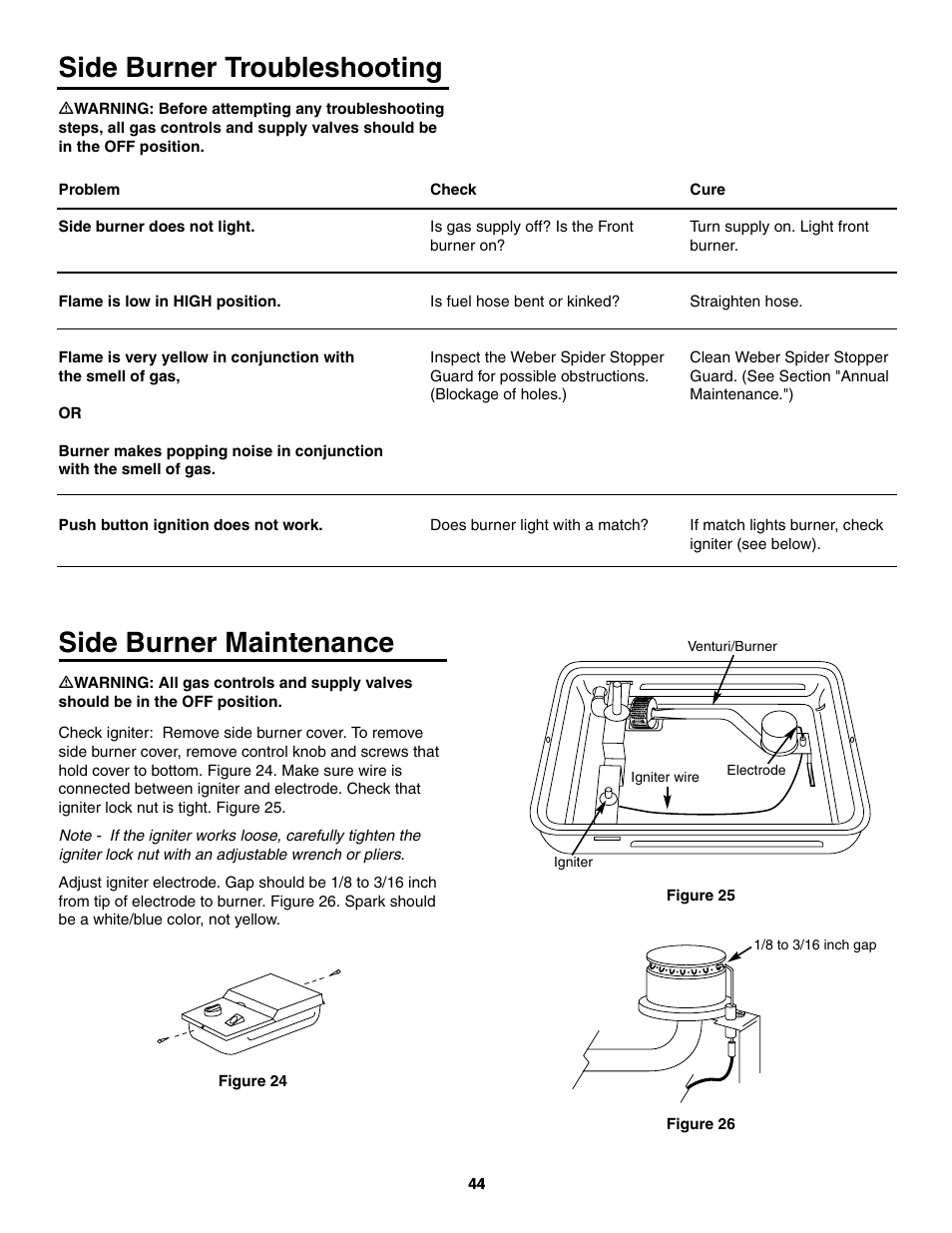 Side burner troubleshooting, Side burner maintenance | weber 5000 Series User Manual | Page 44 / 48