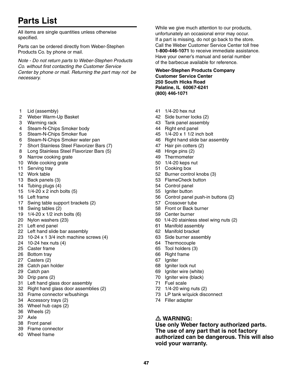Parts list | weber 5000 Series User Manual | Page 47 / 48