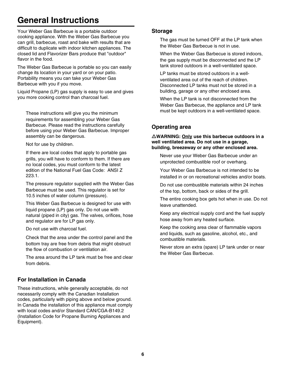 General instructions, For installation in canada, Storage | Operating area | weber 5000 Series User Manual | Page 6 / 48