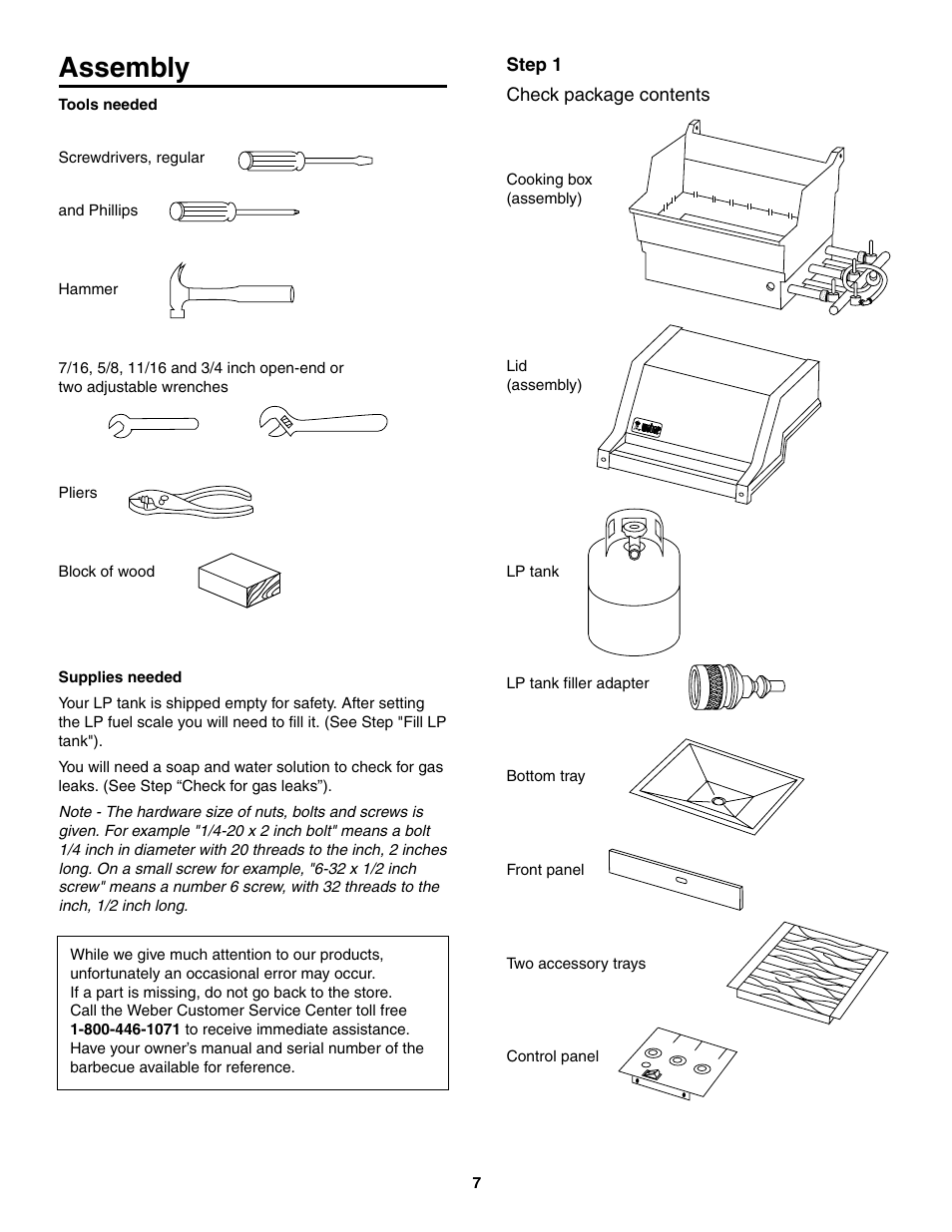 Assembly, Tools needed, Supplies needed | Check package contents | weber 5000 Series User Manual | Page 7 / 48