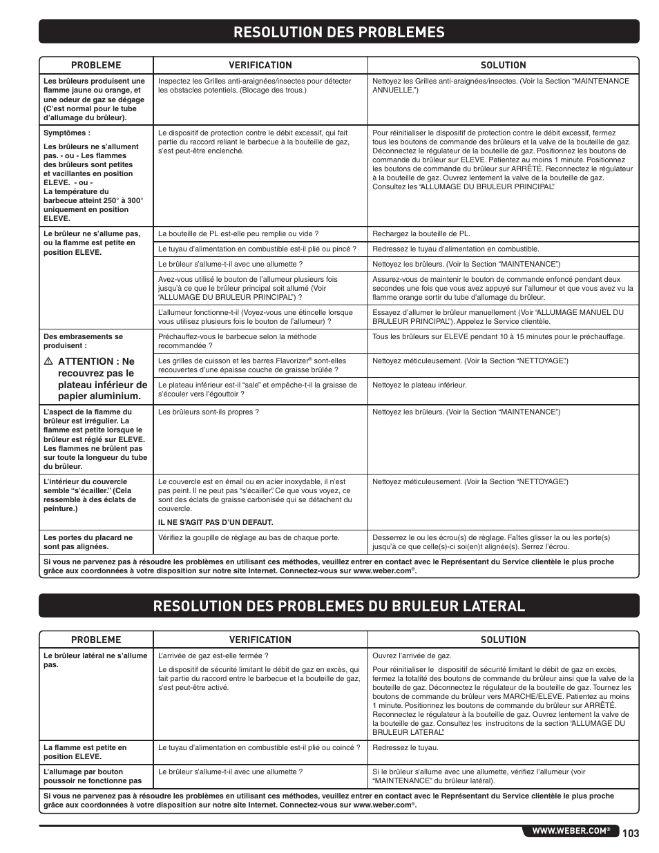 Resolution des problemes, Resolution des problemes du bruleur lateral | weber Summit E/S 470 LP User Manual | Page 103 / 110