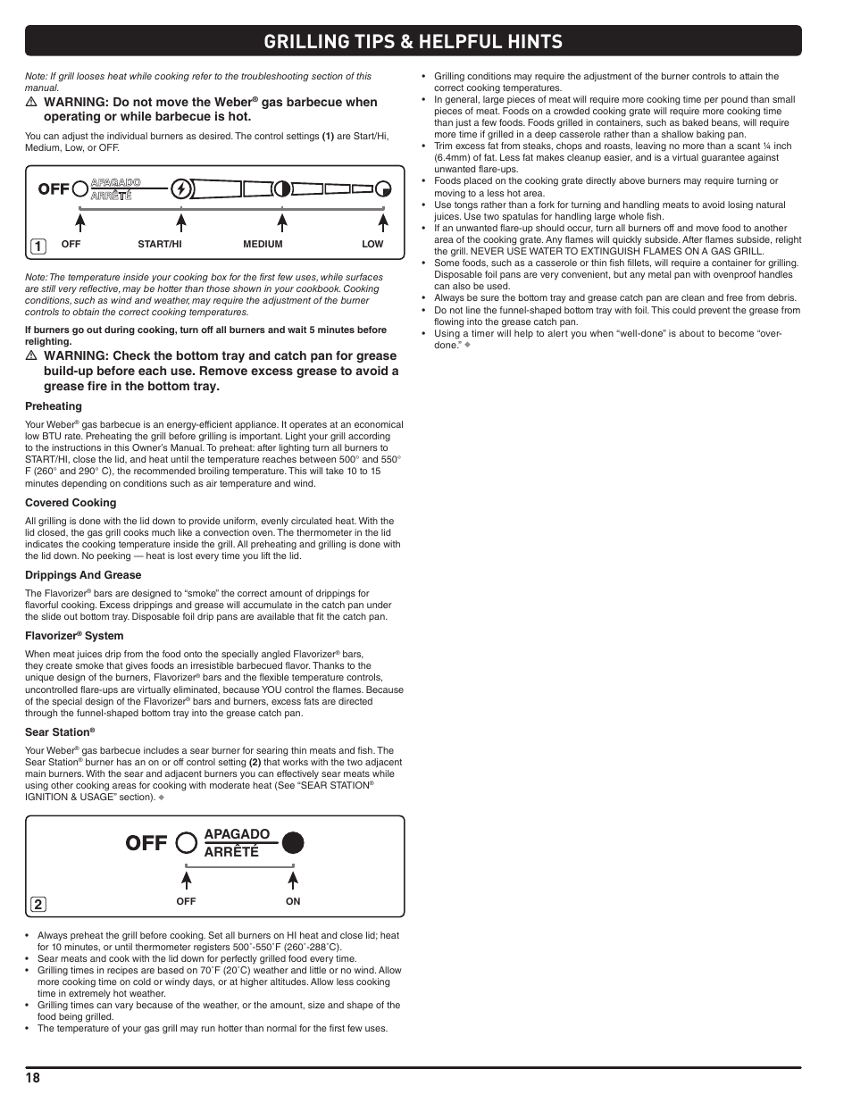 Grilling tips & helpful hints, M warning: do not move the weber, Arrêté apagado | weber Summit E/S 470 LP User Manual | Page 18 / 110