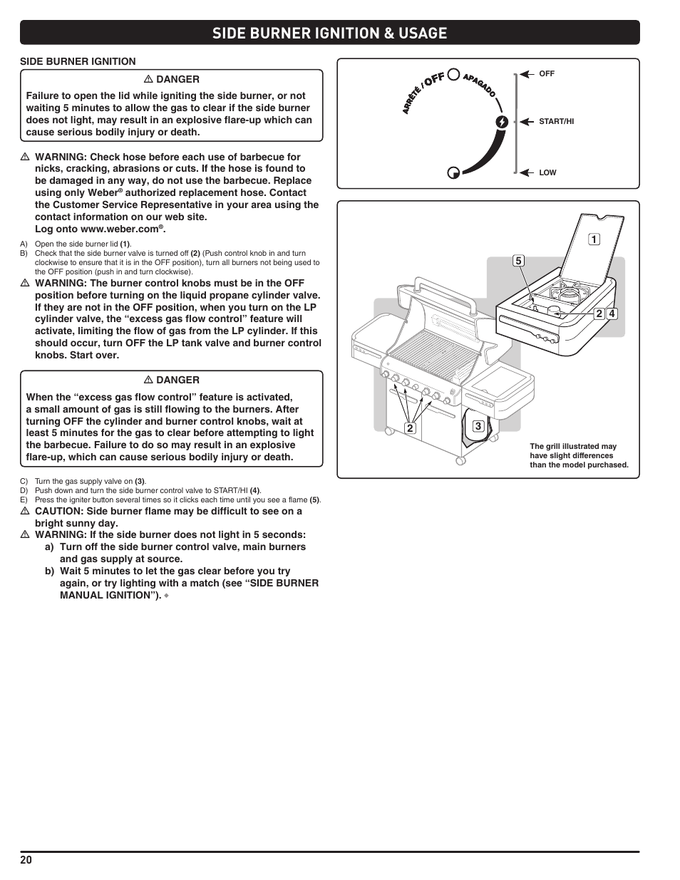 Side burner ignition & usage | weber Summit E/S 470 LP User Manual | Page 20 / 110