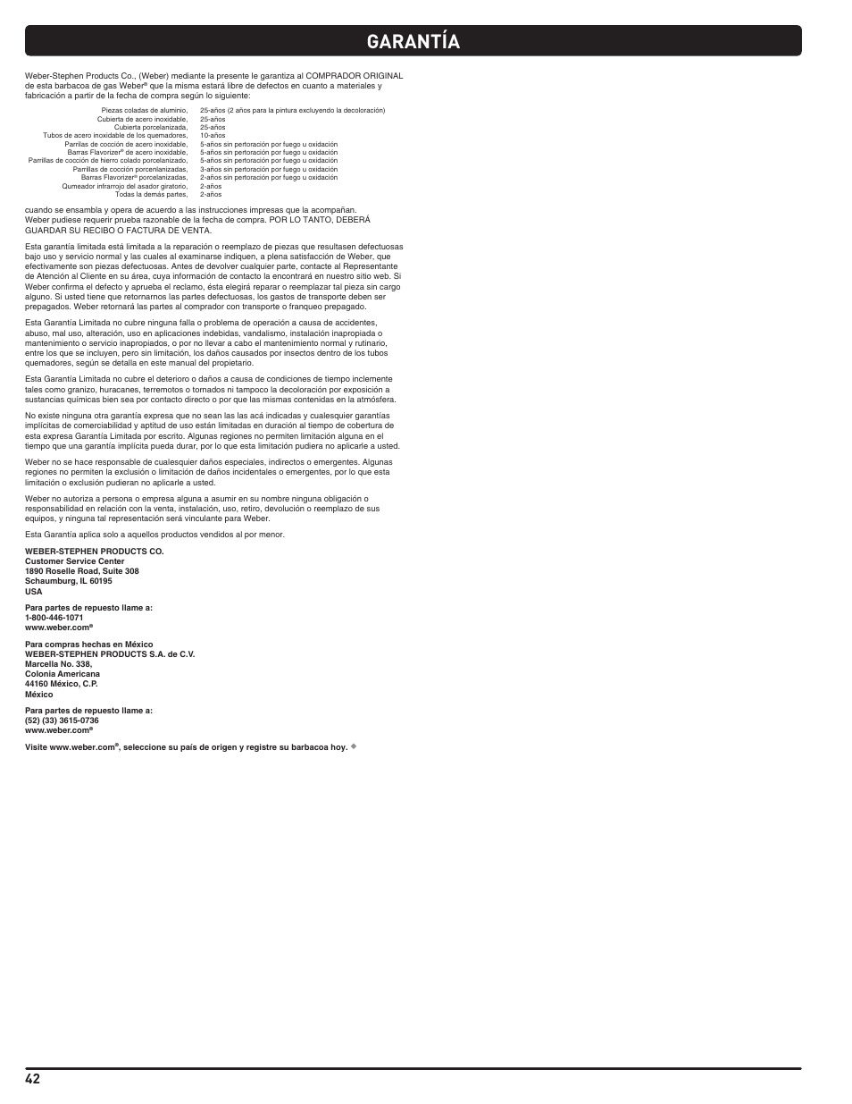 Garantía | weber Summit E/S 470 LP User Manual | Page 42 / 110