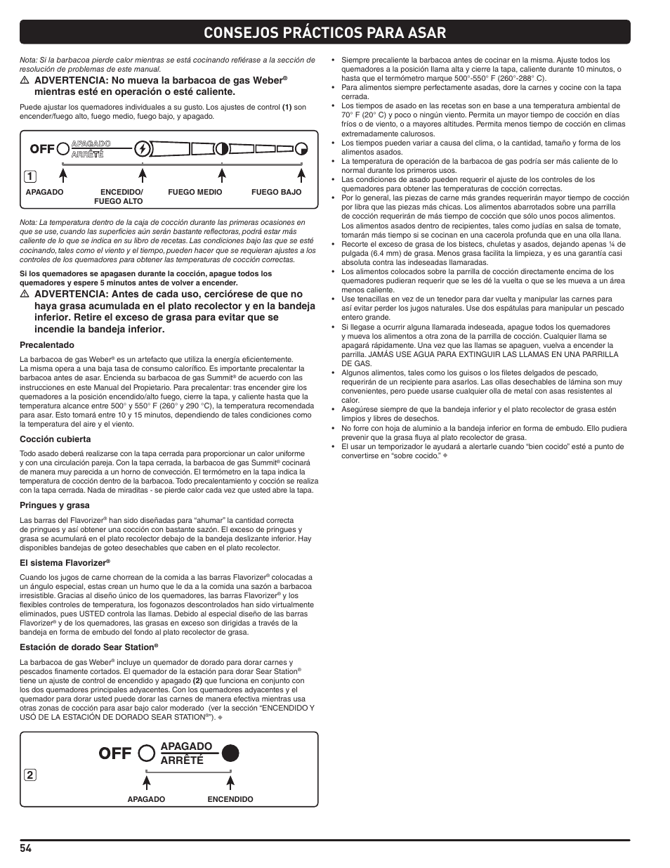 Consejos prácticos para asar, M advertencia: no mueva la barbacoa de gas weber, Mientras esté en operación o esté caliente | Arrêté apagado | weber Summit E/S 470 LP User Manual | Page 54 / 110