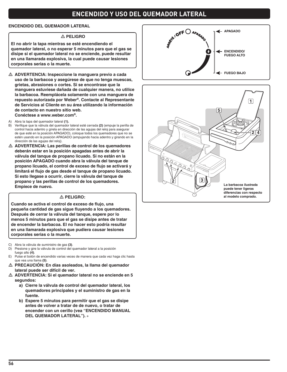 Encendido y uso del quemador lateral | weber Summit E/S 470 LP User Manual | Page 56 / 110