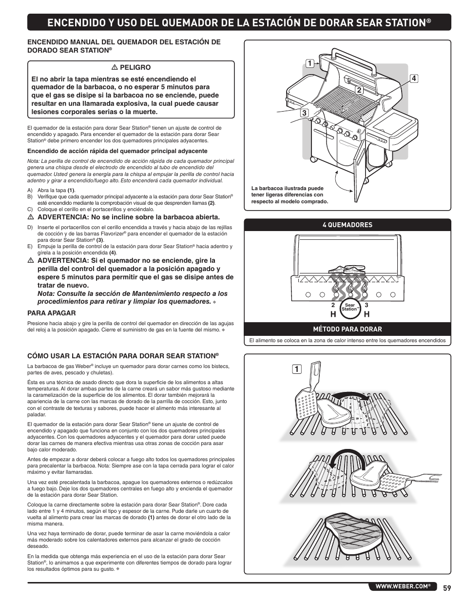 4 quemadores, Método para dorar, Para apagar | Cómo usar la estación para dorar sear station | weber Summit E/S 470 LP User Manual | Page 59 / 110