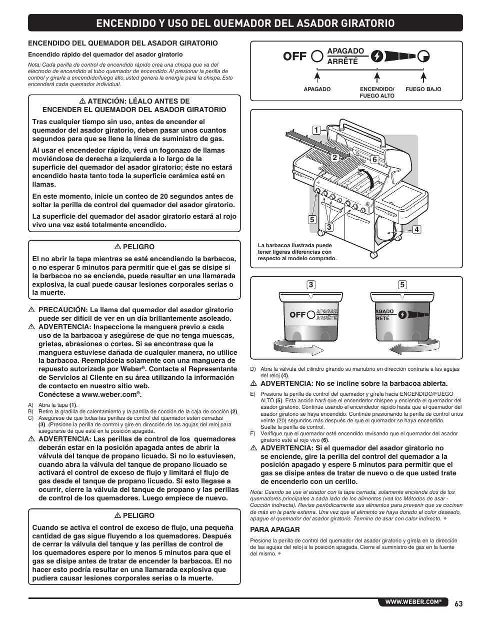 Encendido y uso del quemador del asador giratorio | weber Summit E/S 470 LP User Manual | Page 63 / 110