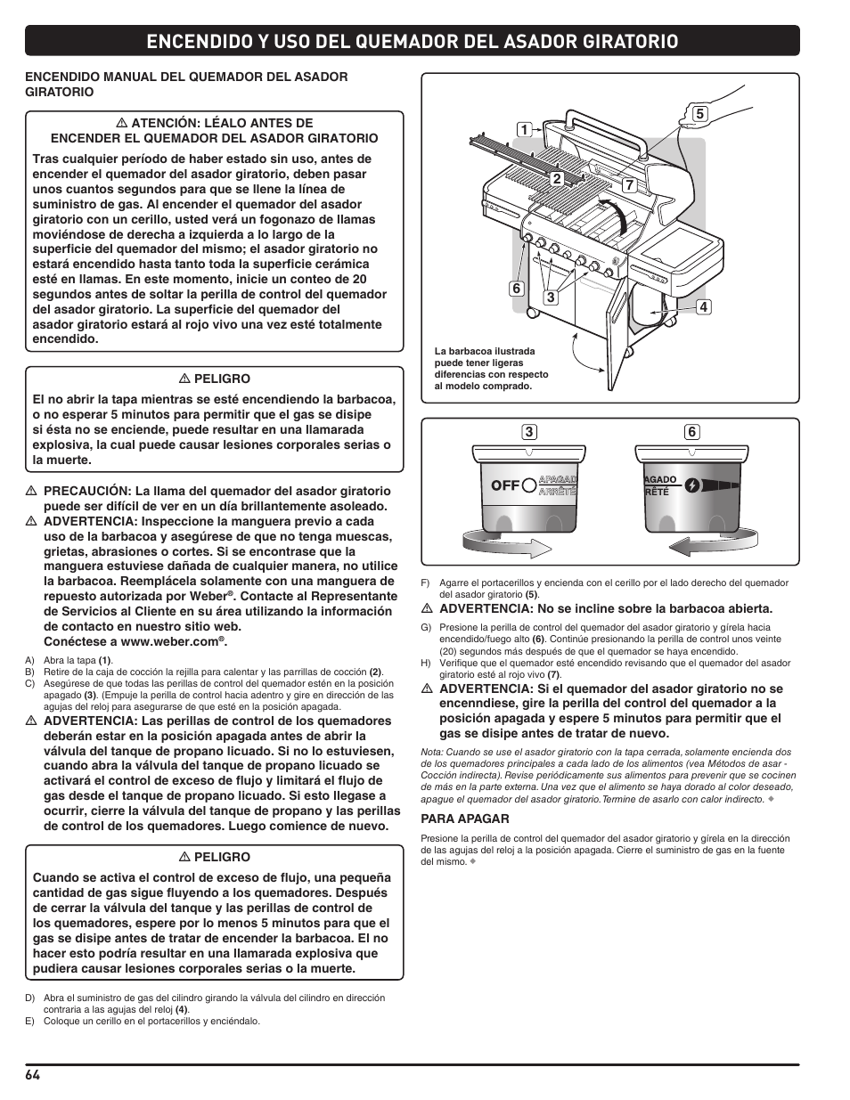 Encendido y uso del quemador del asador giratorio | weber Summit E/S 470 LP User Manual | Page 64 / 110