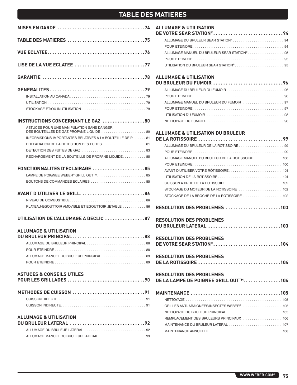 Table des matieres | weber Summit E/S 470 LP User Manual | Page 75 / 110
