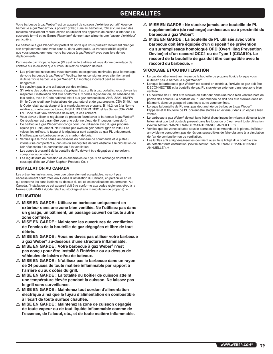 Generalites, Installation au canada, Stockage et/ou inutilisation | weber Summit E/S 470 LP User Manual | Page 79 / 110