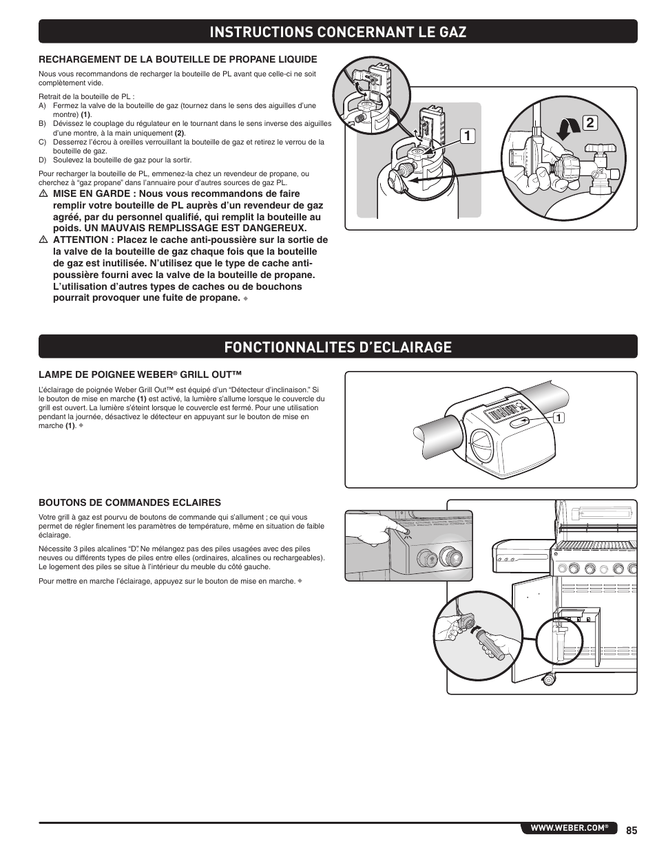 Instructions concernant le gaz, Fonctionnalites d’eclairage | weber Summit E/S 470 LP User Manual | Page 85 / 110