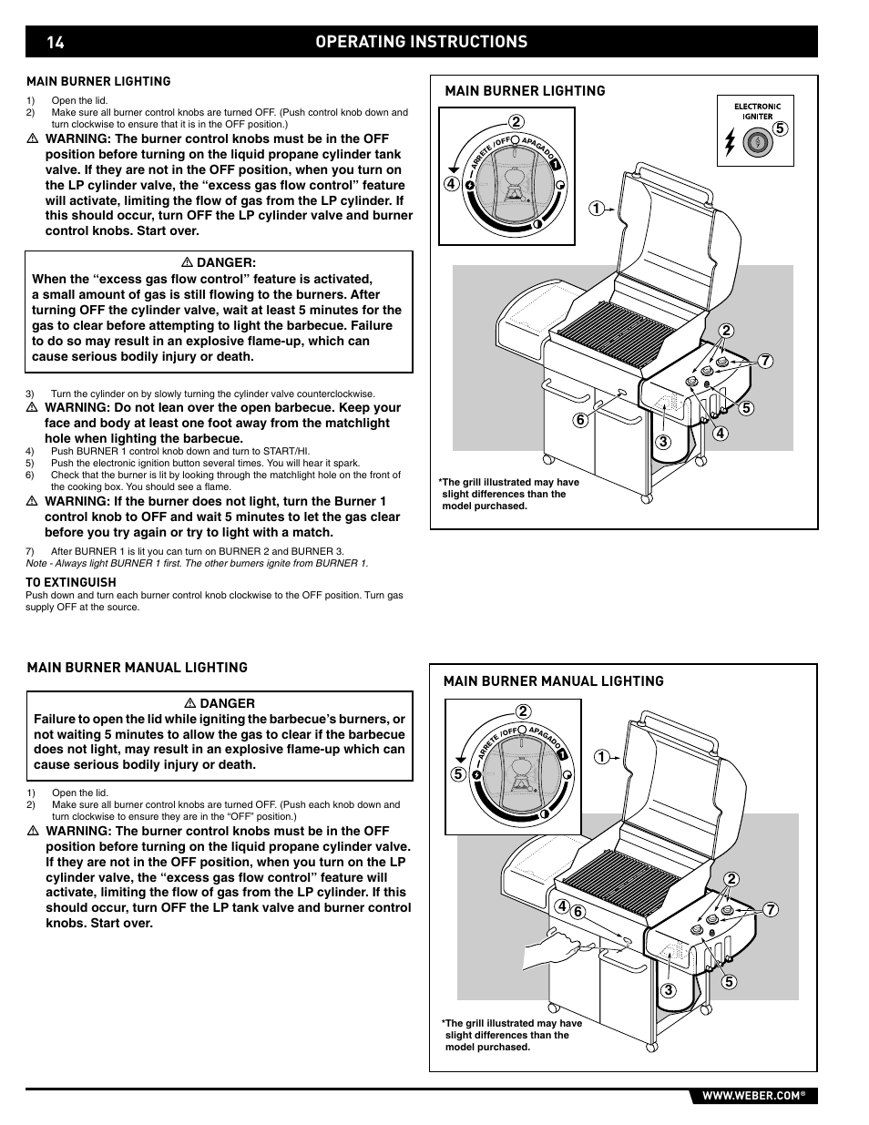 Operating instructions, Main burner manual lighting, Main burner lighting main burner manual lighting | weber E/S-320 User Manual | Page 14 / 56