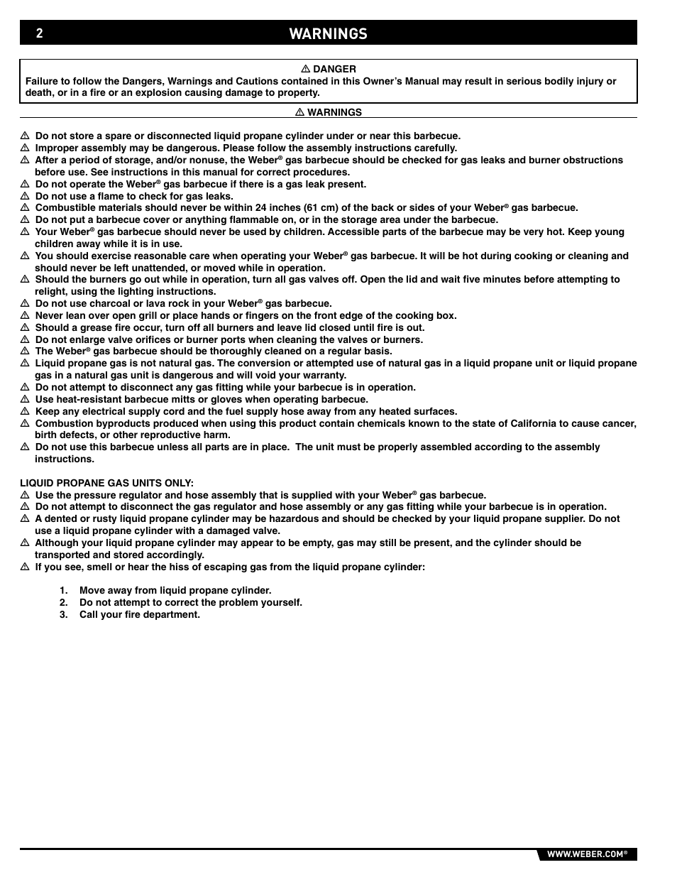 Dangers and warnings, Warnings | weber E/S-320 User Manual | Page 2 / 56