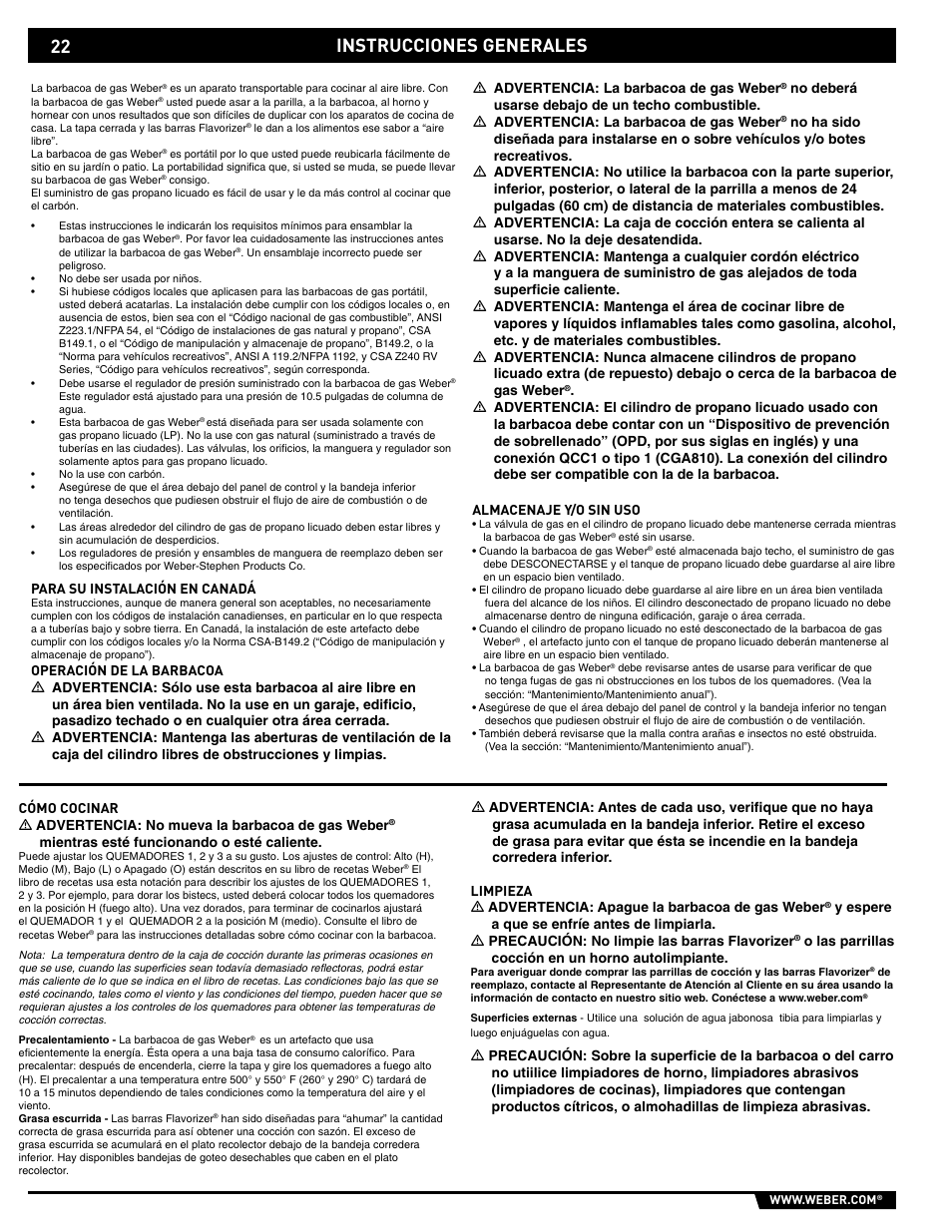 General instructions, Instrucciones generales | weber E/S-320 User Manual | Page 22 / 56