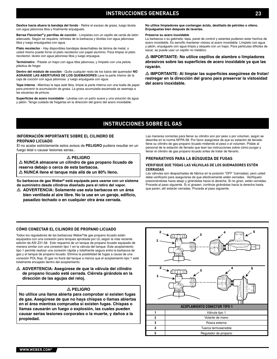 General instructions, Instrucciones generales, Instrucciones sobre el gas | weber E/S-320 User Manual | Page 23 / 56