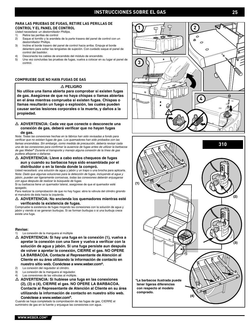 Gas instructions, Instrucciones sobre el gas 1 2 3 4 | weber E/S-320 User Manual | Page 25 / 56