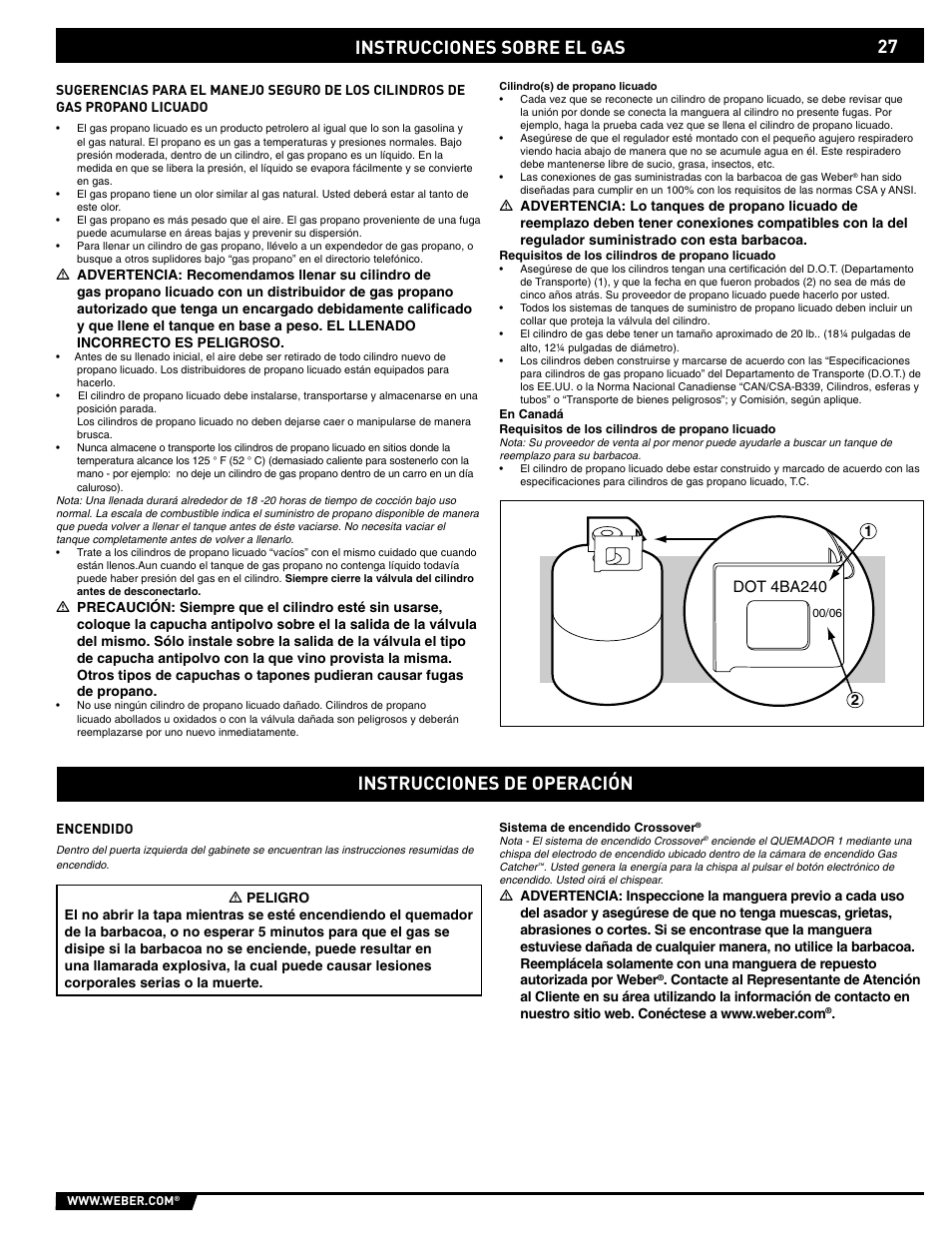 Gas instructions, Instrucciones sobre el gas, Instrucciones de operación | weber E/S-320 User Manual | Page 27 / 56