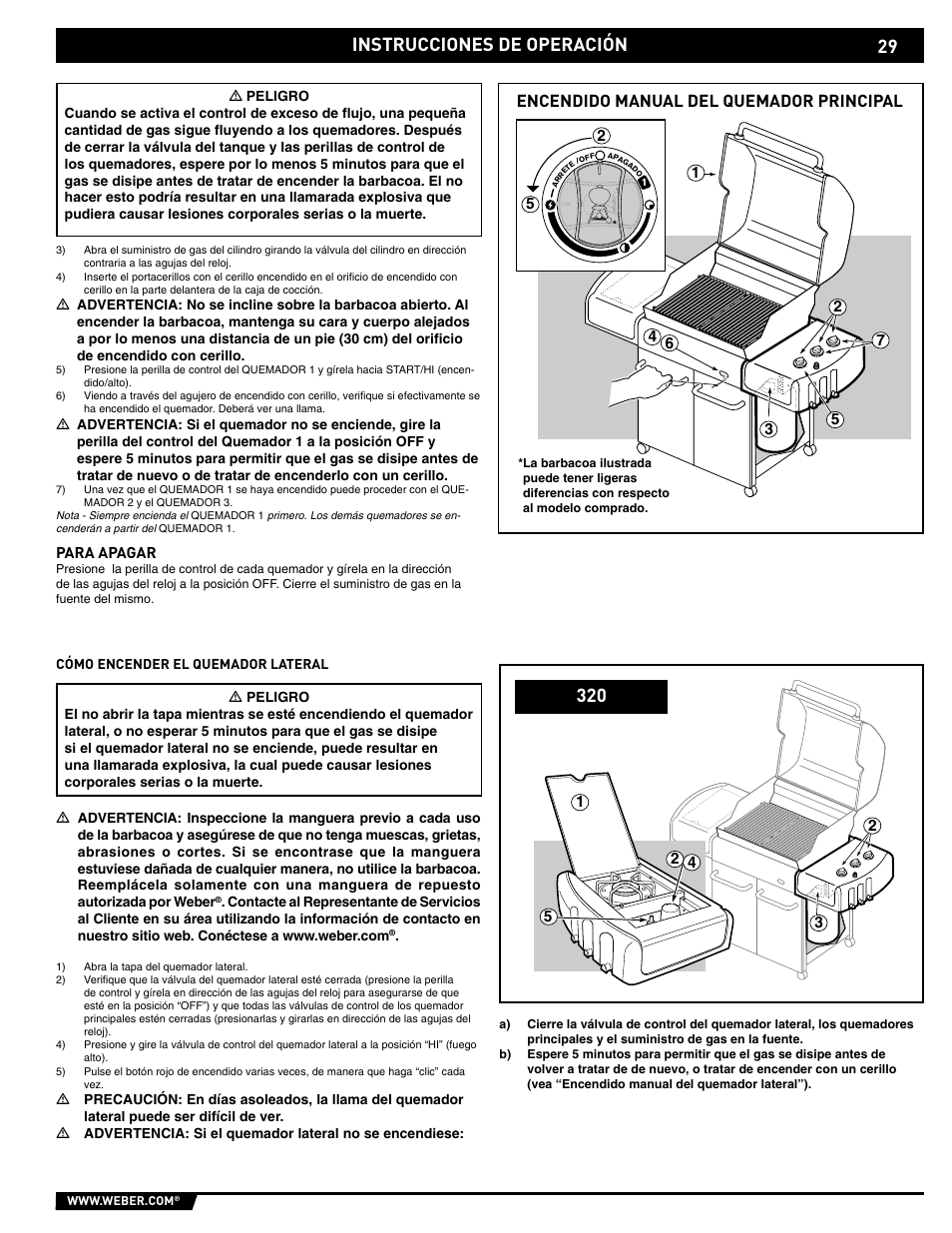 Instrucciones de operación, Encendido manual del quemador principal | weber E/S-320 User Manual | Page 29 / 56