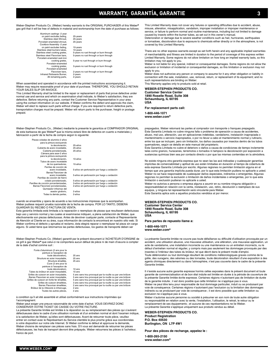 Warranty, Warranty, garantía, garantie | weber E/S-320 User Manual | Page 3 / 56