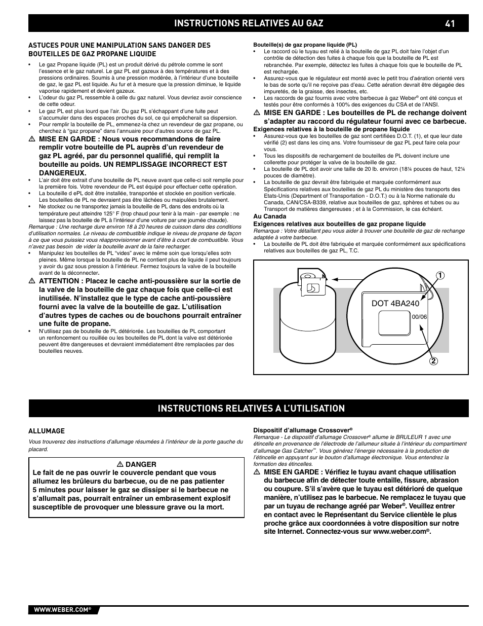 Gas instructions, Instructions relatives au gaz, Instructions relatives a l’utilisation | weber E/S-320 User Manual | Page 41 / 56