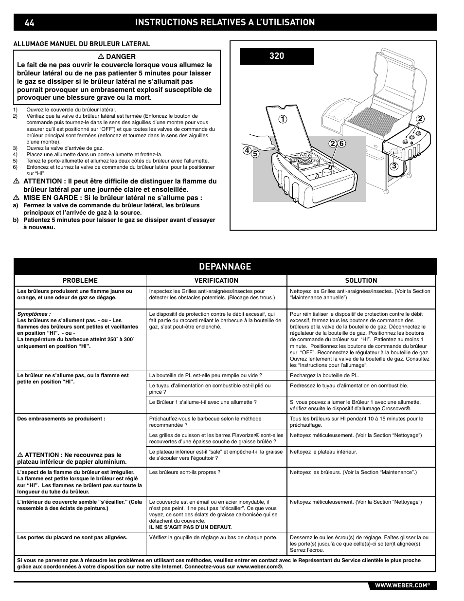 Instructions relatives a l’utilisation depannage | weber E/S-320 User Manual | Page 44 / 56