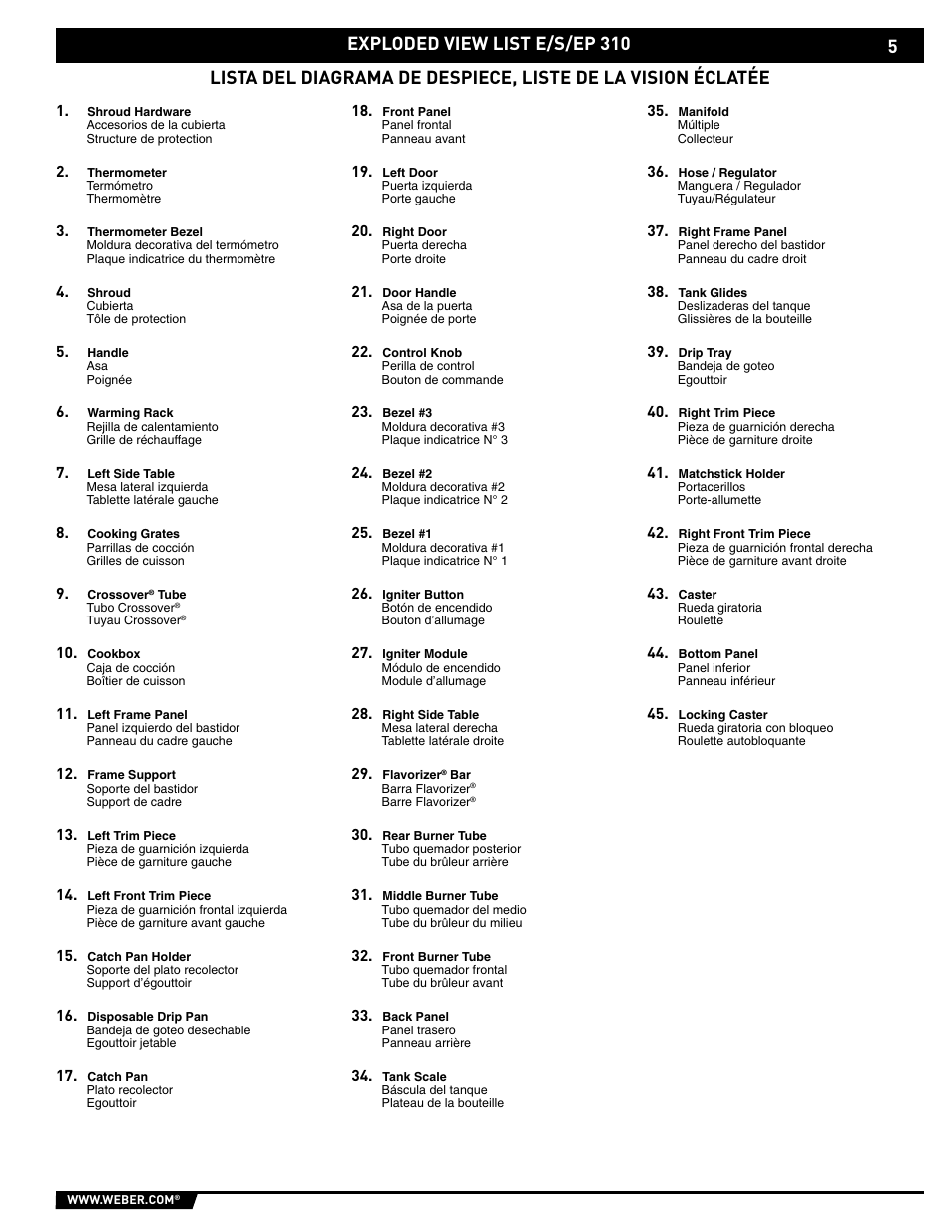 Exploded view list e/s/ep 310 | weber E/S-320 User Manual | Page 5 / 56