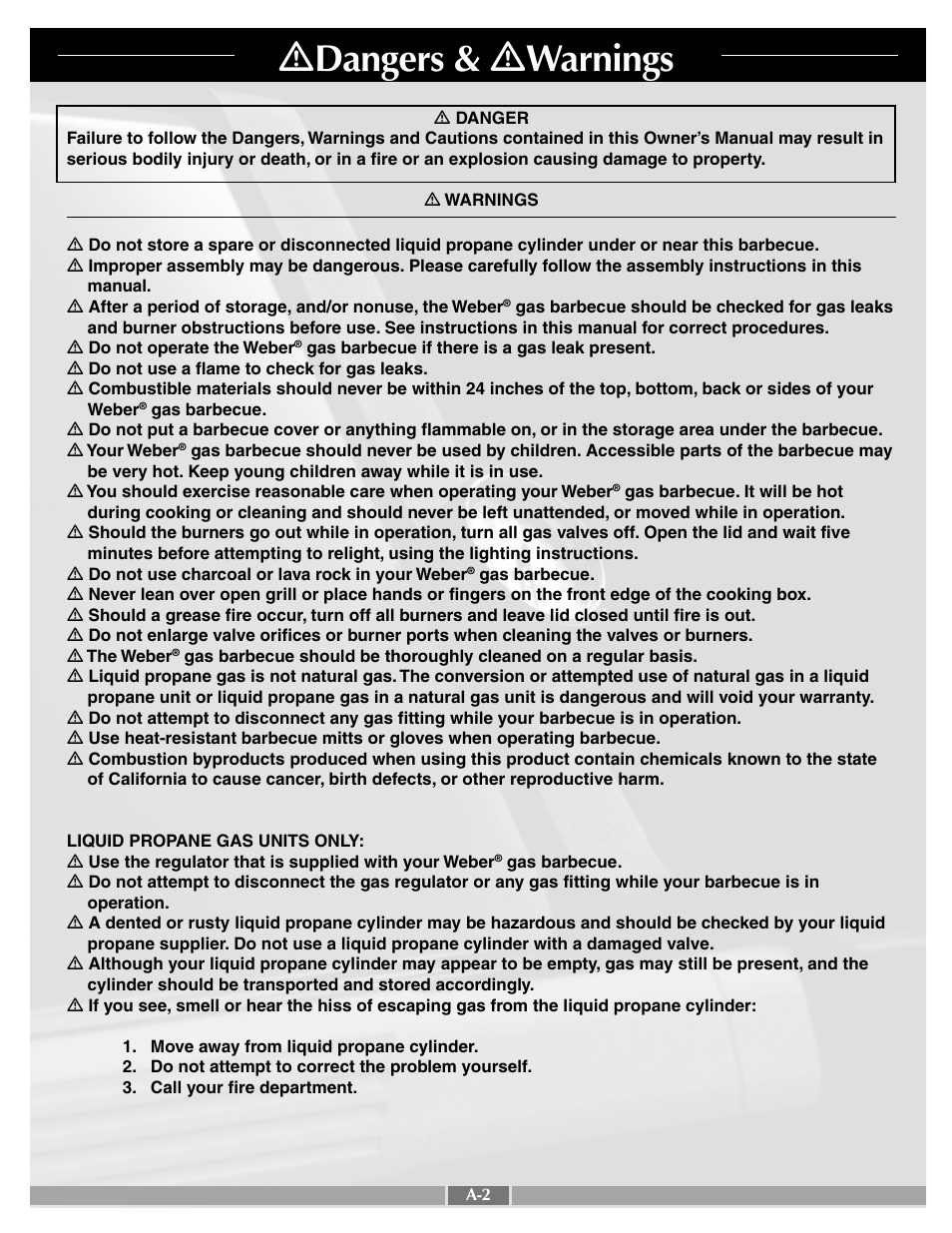 Ƽ dangers & ƽ warnings | weber 55277 User Manual | Page 2 / 28