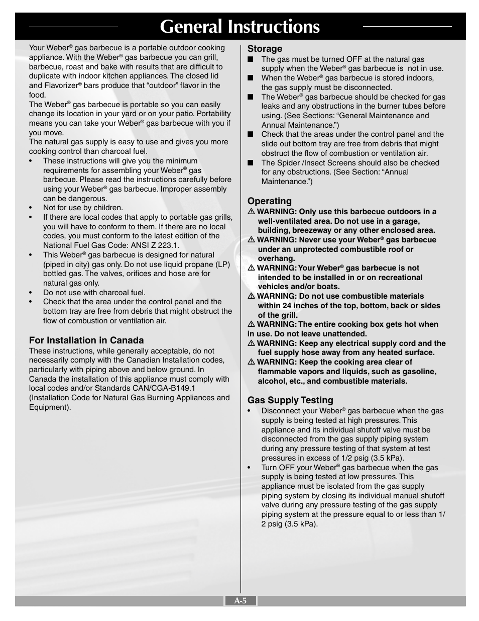 General instructions, For installation in canada, Storage | Operating, Gas supply testing | weber 55277 User Manual | Page 5 / 28