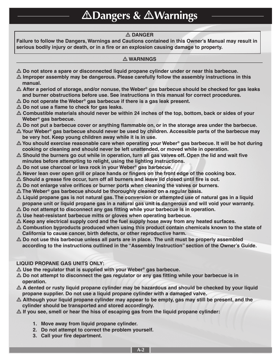 Ƽ dangers & ƽ warnings | weber 55556 User Manual | Page 2 / 29