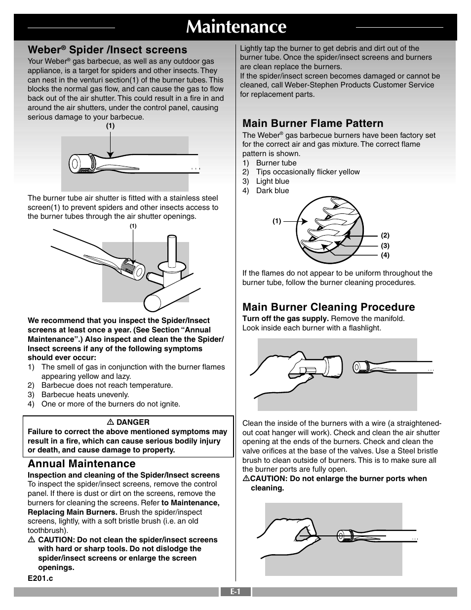 Maintenance, Main burner flame pattern, Main burner cleaning procedure | Weber, Spider /insect screens, Annual maintenance | weber 55556 User Manual | Page 28 / 29