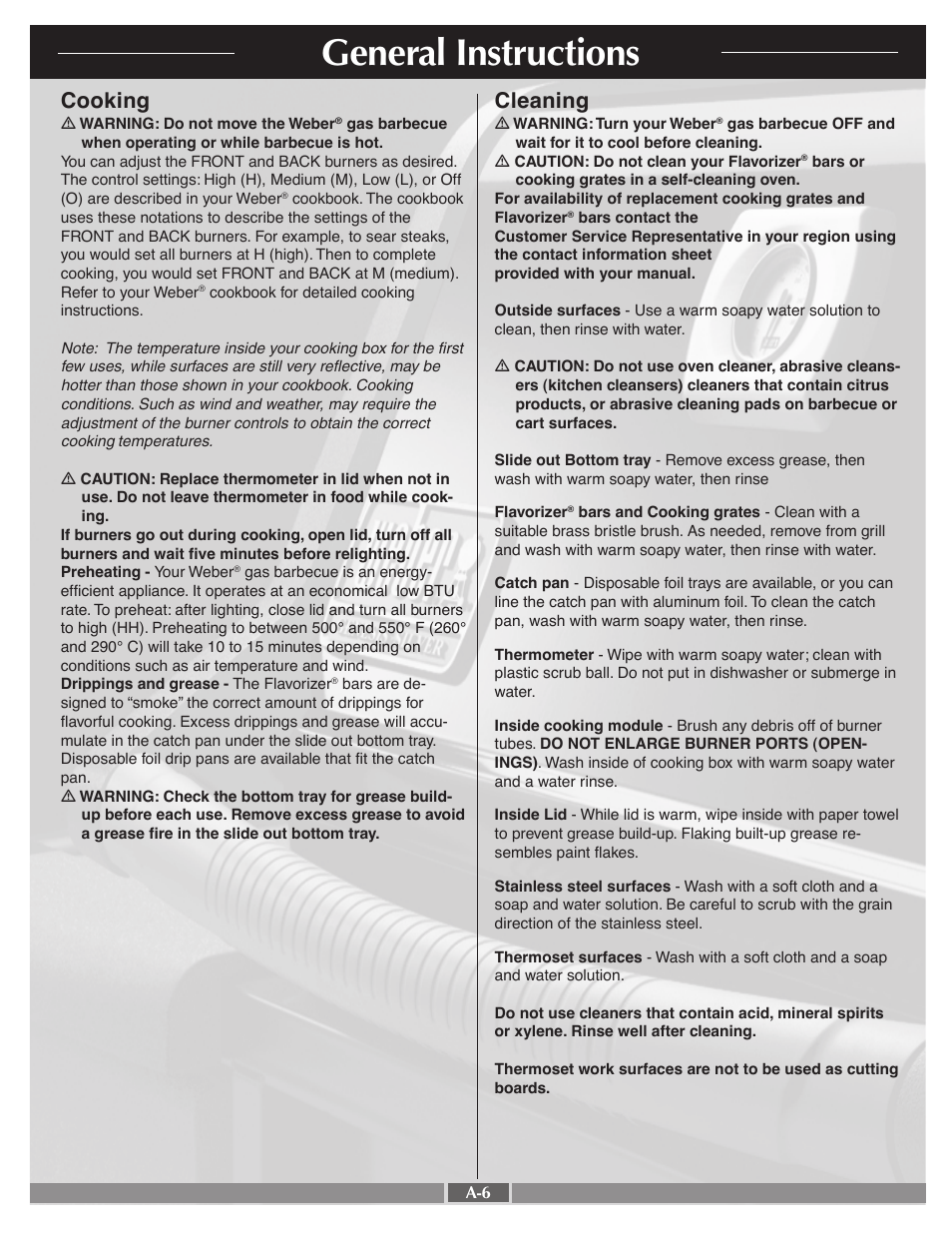 General instructions, Cooking, Cleaning | weber 55556 User Manual | Page 6 / 29