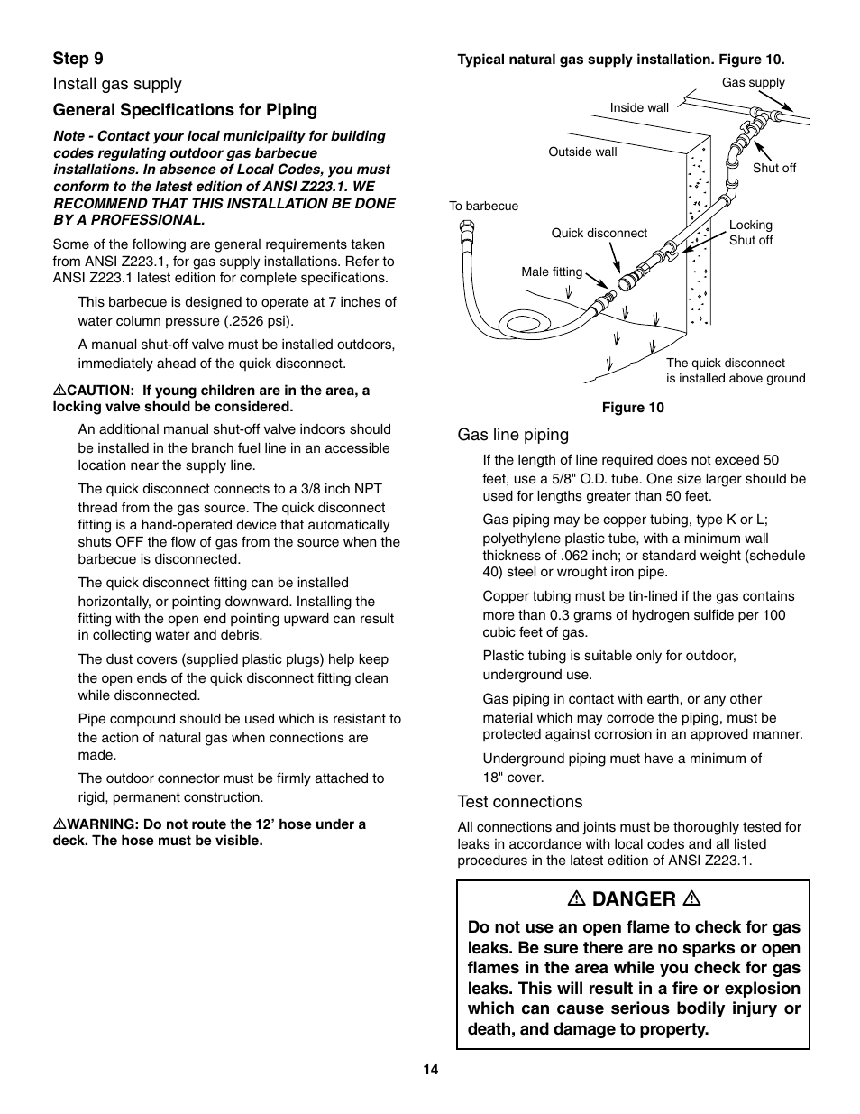 Install gas supply, General specifications for piping, Gas line piping | Test connections, Ƽ danger ƽ | weber 4000 User Manual | Page 14 / 40