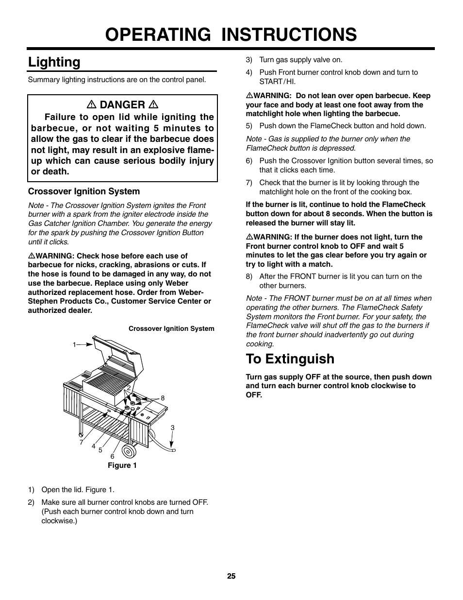 Operating instructions, Lighting, Crossover ignition system | To extinguish, Ƽ danger ƽ | weber 4000 User Manual | Page 25 / 40